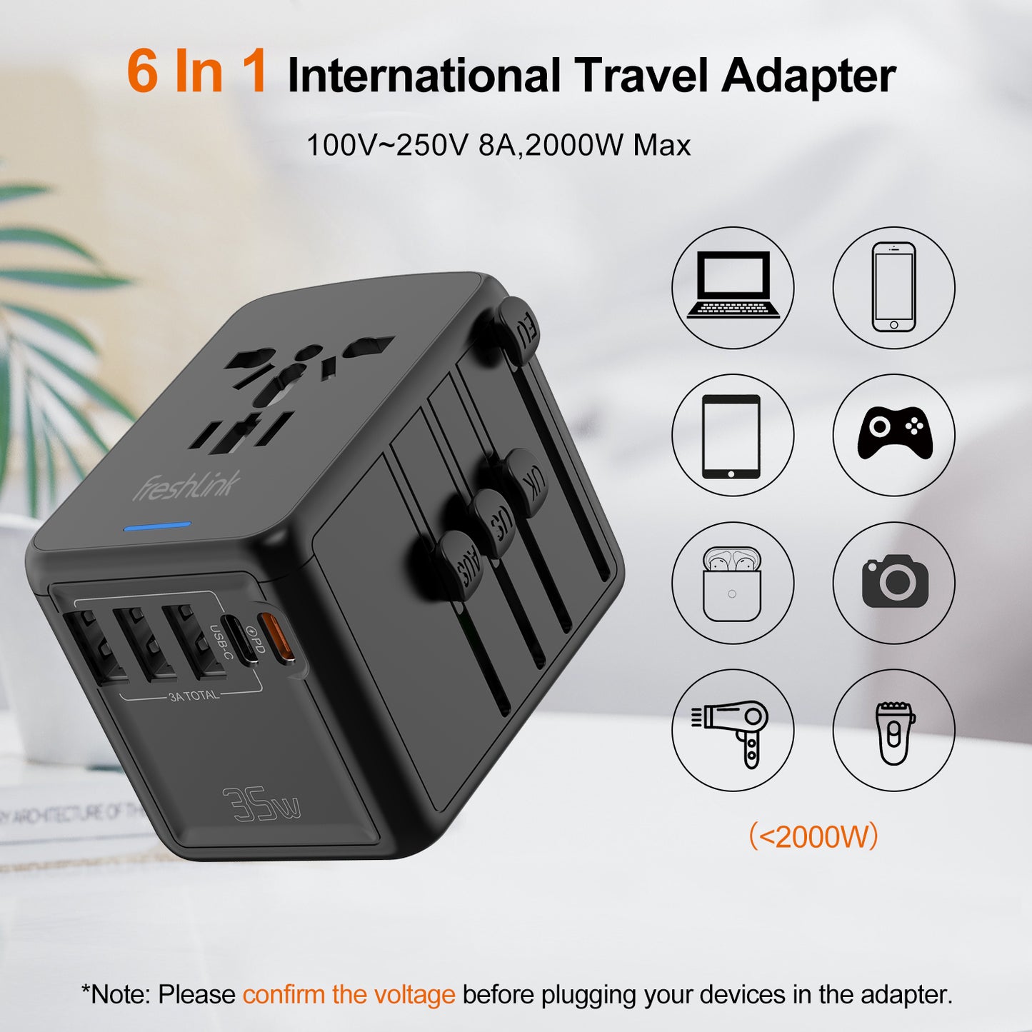 Universal Travel Adapter ,PD 35W, 3 USB & 2 Tyep-C