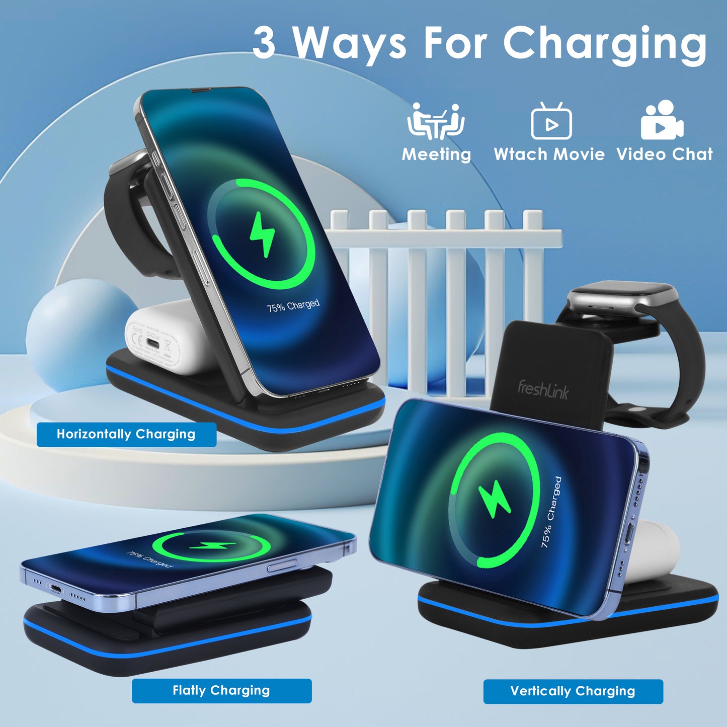Foldable 3 in 1 Wireless Charger,With Certificated 18W QC 3.0 Adapter