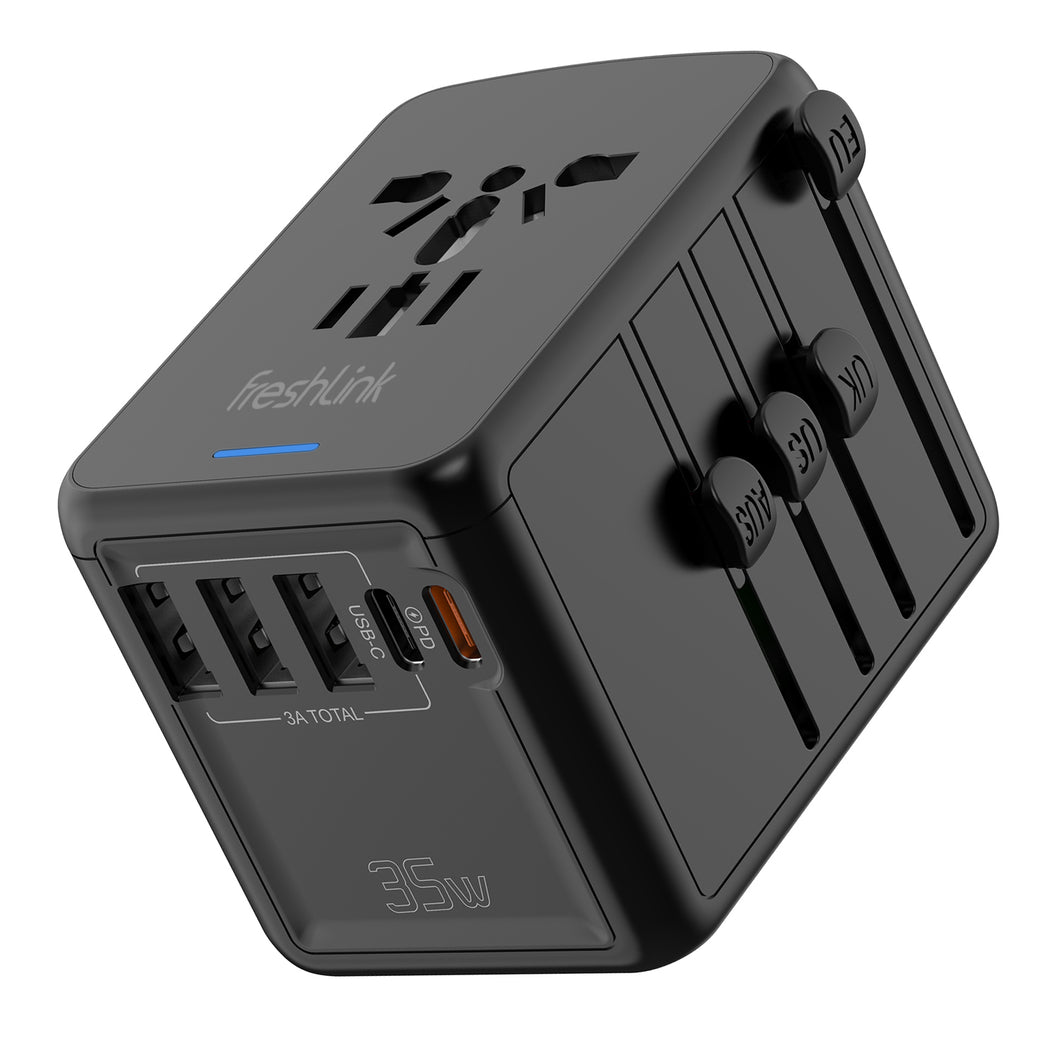 Universal Travel Adapter FreshLink PD 35W International Power Plug Adapter With 3 USB & 2 Tyep-C & USA/EU/AU/UK AC Sockets, Compatible with MacBook, Laptops, iPhone, iPad Airpods,etc