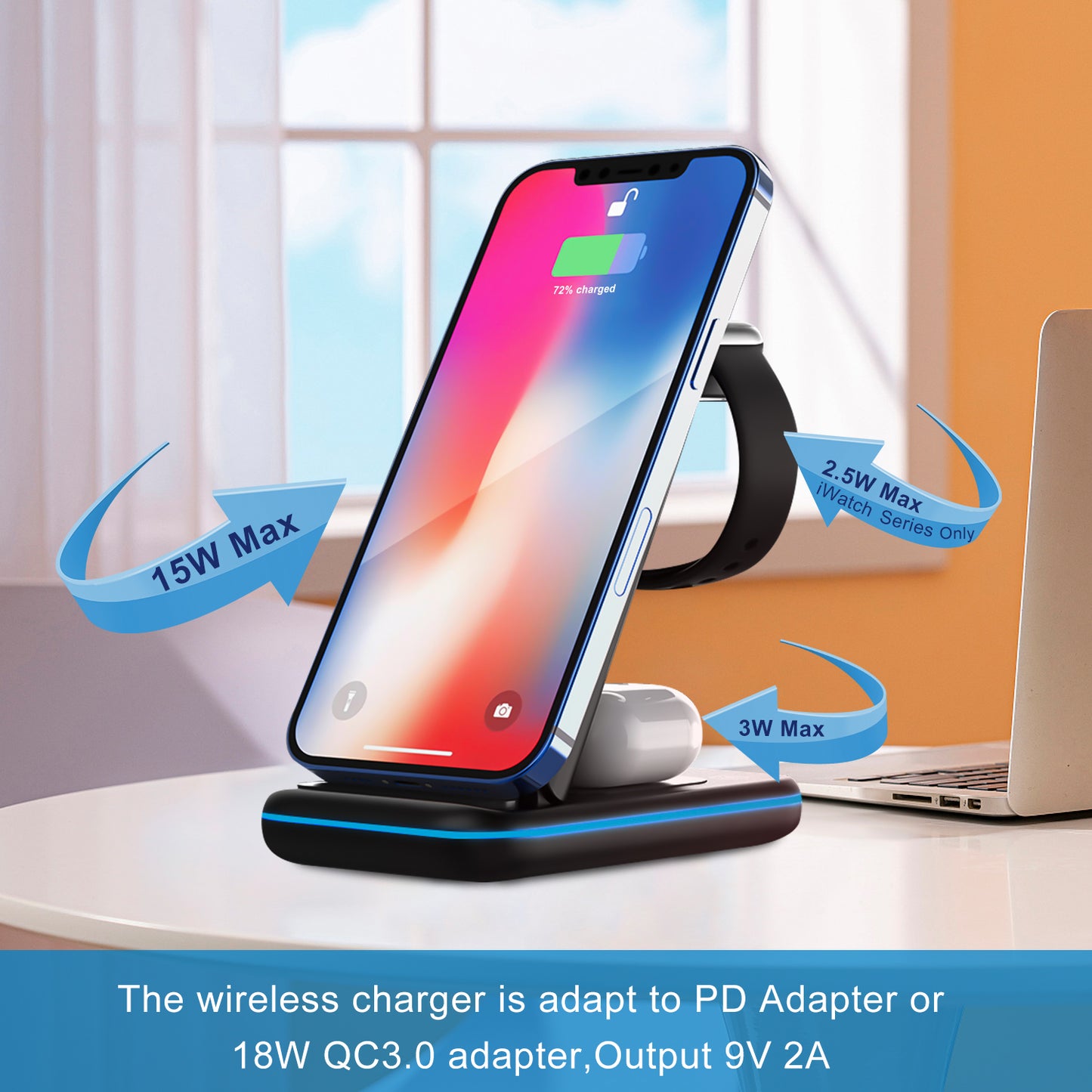 Foldable 3 in 1 Wireless Charger,With Certificated 18W QC 3.0 Adapter