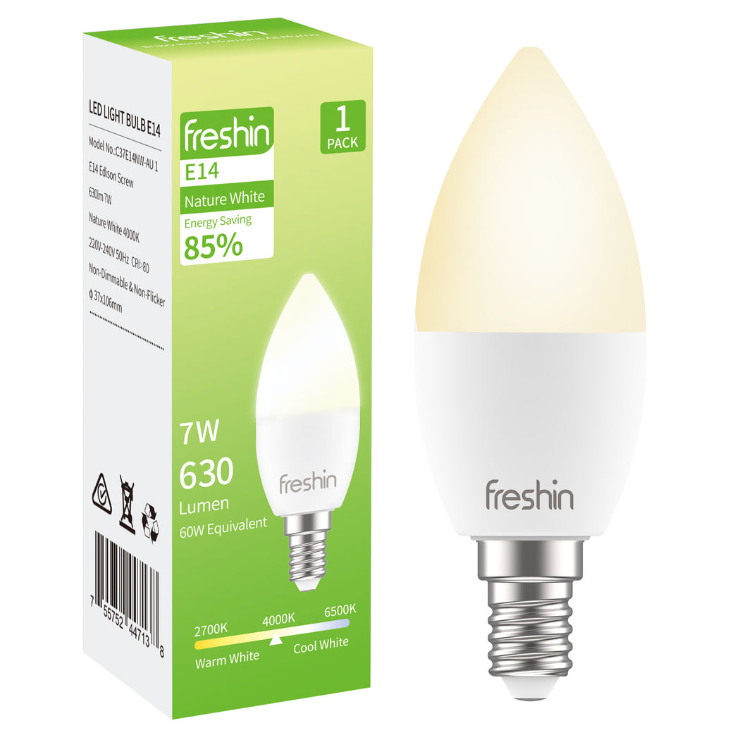 FRESHIN 7W Light Bulb E14 4000K Nature White 630lm Edison Screw, Non-Dimmable, No Flicker, Long Lasting ( Candle)