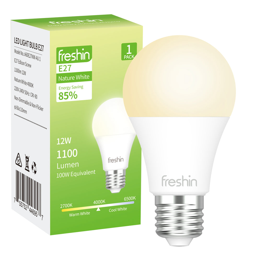 FRESHIN 12W Light Bulb E27 4000K Nature White 1100lm Edison Screw, Non-Dimmable, No Flicker, Long Lasting